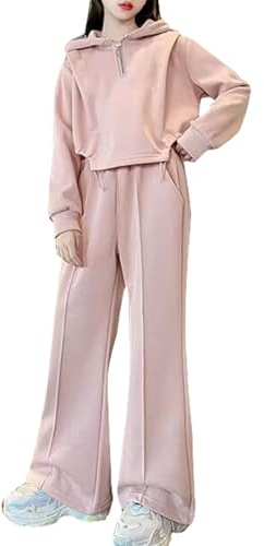 Mjjsk Ensemble de survêtement 2 pièces pour filles - Sweat à capuche et pantalon de survêtement à manches longues - Tenue scolaire - Sports à capuche - Ensemble de jogging, rose, 13-14 ans