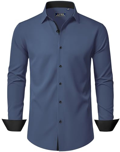 J.VER Mens Dress Shirts Long Sleeve Slim Fit Stretch Business Casual Shirt | Easy Care, Non Iron Fabric, Contrast Collar and Cuffs Design, for Work Office Wear, Wedding Formal Outfit, Button Down Shirt