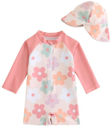 FishingDino Bañador Bebe de una Pieza con Protección UV, Traje Baño con Cremallera Frontal y Sombrero de Sol Ajustable Camiseta Solar Niña y Niño, Flor Naranja, 1-2 años