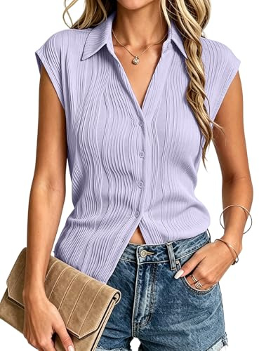 Gemulate Womens Vest Blouses Cap Sleeve V Neck Button Down Shirts | Ladies Slim Fit Casual Office Work Tank Tops