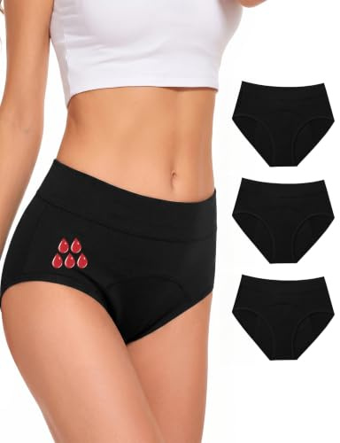 Briyat Periodenunterwäsche Damen,Hochwertige Menstruationsslips für Starke Blutung,aus Baumwolle,atmungsaktiv,ideal für Wochenbett & Starke Tage,3er Set schwarz*3 S