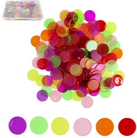 FAREASTSHOP 300 chip bingo, 7 colori in plastica, chip di conteggio per bingo trasparente, chip di conteggio, chip di conteggio colorati, contatore di bingo per carte da gioco, matematica, pratica