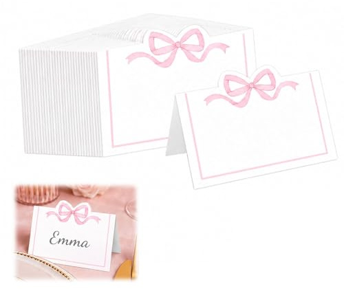 50 Pack Pink Bow Place Cards Foldable Table Name Cards for Weddings Parties | Smooth premium cardstock, easy to write on, elegant finish, ideal for banquets, celebrations and formal seating arrangements.