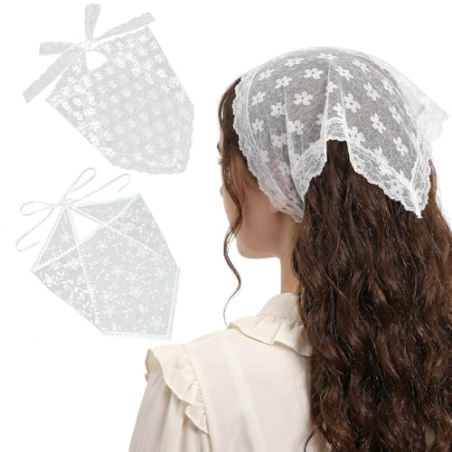 Matwsec 2 stycken vit bandana damer spets blommor huvudduk damer | Lace Head Scarf Bandana för flickor camping fotografering pannband elegant hår tillbehör