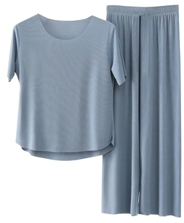 Womens Lounge Wear Pyjamas Set - Casual Crew Neck Sleepwear Comfortable Loungewear Set Crew Neck Top And Wide Leg Pants Classic Sleepshirt Soft Breathable Home Nightwear Loose Fit Sleepwear