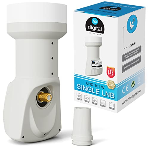 HB-DIGITAL Universal Single LNB Blanc - UHD 4K Full HD DVB-S/S2 - Facteur de bruit de 0,1 dB - pour un récepteur satellite (connexion directe) - Contacts dorés - Protection contre les intempéries