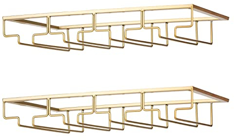 FOMANSH Wine Glass Rack - Under Cabinet Stemware Wine Glass Holder Glasses Storage Hanger 2 Pack Metal Organizer for Bar Kitchen 4 Rows Gold