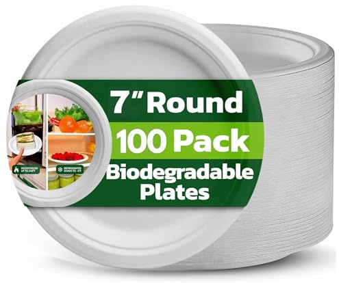 Strong Paper Plates 7 Inch 100 Pack, White Disposable Plates for Parties | Bagasse Plates for Hot Food, 100% Compostable & Biodegradable, Microwave Safe, for Weddings, Picnics, Natural Sugarcane Fibre