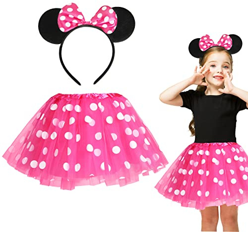 Capaneus Costume Orecchie Mouse Ragazza,Gonna a Pois Bambina con Cerchietto Tutu per Bambini Halloween Carnevale Festa di Compleanno Cosplay-2 pezzi(Rosso/Rosa)