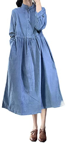 Disimlarl Robe de bureau vintage en velours côtelé avec col montant pour femme, bleu, XL