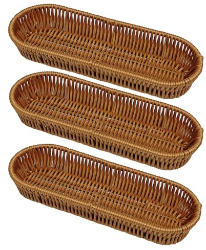 RT&BS Handvävd redskapskorg, hantverksmässig minibrödkorg, smal korg för förvaring av bestick för lantkök, rustik matbordsdekor (3 st, oval)