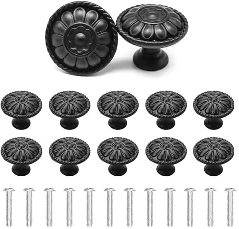 YSDMY bouton de meuble 12 Pièces poignee de meuble,30MM boutons de porte noir Motif de fleurs Rond Boutons de Tiroir avec vis,bouton de porte vintage pour Placard Tiroir Penderie