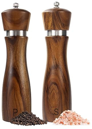 Haomacro Salt and Pepper Grinder Set of 2,8Inch Updated Wooden Pepper Mill Shaker,Modern Oak Wood Salt Mill Pepper Grinder Set Refillable with Adjustable Ceramic Rotor