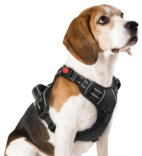 rabbitgoo Harnais Chien avec 3 Boucles, Facile à Mettre et à Enlever, Harnais Anti Traction pour Chien avec Poignée et Attache Devant, Réglable, Réfléchissant, Arnet pour Chiens Moyen, Noir, M