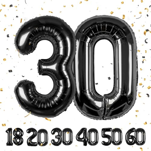 Globo de números de cumpleaños 30 años | Globo de foil negro - Globo de foil de 101 cm - Decoración de cumpleaños - Globo con número decorativo para cumpleaños, vuela con helio para hombres y mujeres