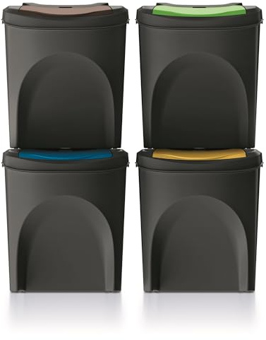 Keden Set of 4 Sortibox Wheelie Bins Made from 100% Recycled Plastic, Black, 100 L