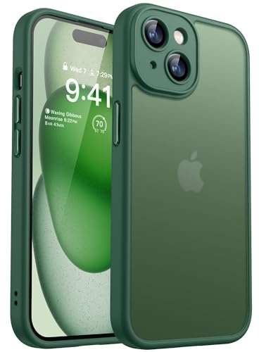 CANSHN Funda Mate para iPhone 15 6,1 Pulgadas, [Protección Total de La Cámara], Carcasa Fondo Mate Translúcido - Verde Oscuro