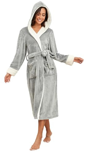 RONGTAI Peignoir en polaire-Fleece pour femme, avec capuche, chemise de nuit épaisse, longue, vêtements de nuit avec deux poches latérales et ceinture, gris, L