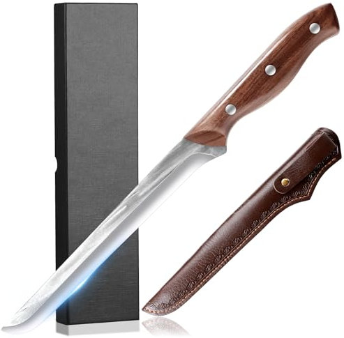 Coltello per sfilettare coltello per disossare il pesce con fodero in pelle Forgia Coltello da cucina Lama affilata Taglio della carne Coltello per tritare in acciaio inox e tagliare il pesce