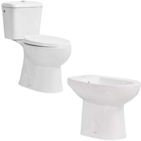INODORO Completo con BIDET, Inodoro y Bidet Blanco, Pack Wc Inodoro, Retrete con Bidet para Hogar, Sistema Antibacterias, Tapa Dura Extrafina Amortiguada, Salida Vertical