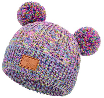 PONCEAU Wintermützen Kinder Mädchen Jungen, Warme Weiche Wintermützen mit Zwei Pompons für Mädchen Jungen Baby Bommelmütze Kinder