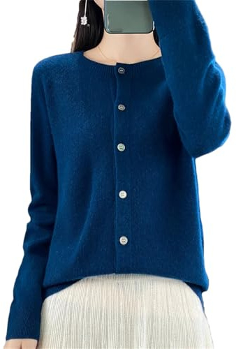 Cardigan girocollo da donna in 100% lana merino, con bottoni, maglione a maniche lunghe, Blu mare, S
