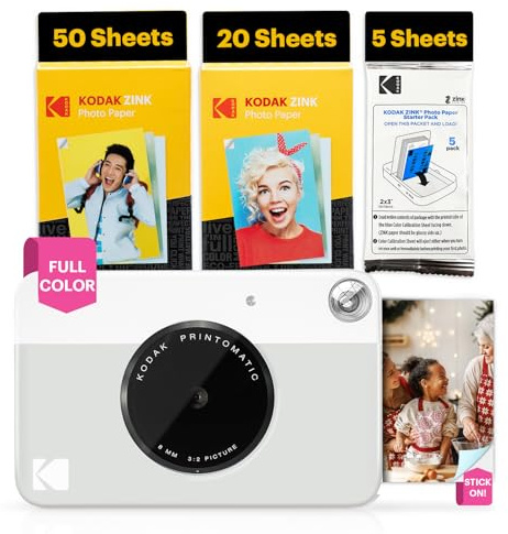 KODAK Printomatic Full-Color Instant Print Digital Camera - 75 Sheets BUNDLE - Prints On Zink 2x3 Sticky-Back Photo Paper - 5MP, Portable, Creative Fun Gift for Birthday, Christmas, Holiday - Grey