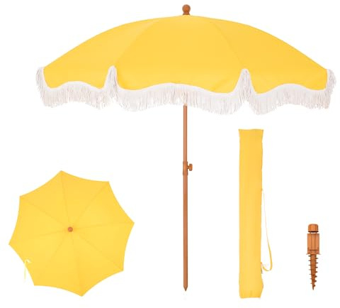 PHI VILLA Beach Umbrella 2M, Portable Fringed Garden Parasol with Ground Drill, Boho Patio Umbrella Round with Carry Bag, Outdoor UV Sun Shade Wind Resistant for Balcony, UPF 50+, Gold Yellow