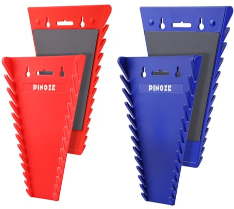 PINOZE 4-Piece Magnetic Wrench Organizer, 48-Slot Wrench Rack Tool Trays, Durable ABS Spanner Holder for Tool Box Drawer Chest, SAE (1/4 to 1-1/16) & Metric (6 to 24mm), Red/Blue