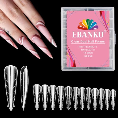 EBANKU 120 pezzi di cartine per unghie in Polygel, lunghe, trasparenti, doppie, a stiletto, per pedicure, riutilizzabili, per extension in Polygel, 12 misure