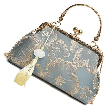 Bolso de mano chino tradicional con correa de extracción y cierre, bolso cruzado de poliéster Cheongsam, Blue, One Size
