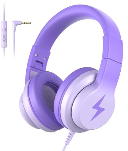 Candy Bila Auriculares para niños, auriculares con cable para niños sobre la oreja con micrófono, limitador de volumen de 85/94 dB para niñas y niños, degradado morado profundo