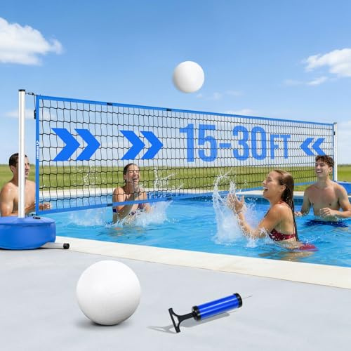 Patiassy Juego de red de voleibol para piscina con base lastrada, ancho ajustable de 4,5 m a 9 m (15 ft - 30 ft), sistema de red para interior y exterior para piscinas, adecuado para juegos acuáticos