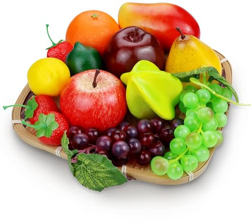 Lorigun 13 Pcs Fake Fruit, Artificial Fruits for Decoration Realistic Faux Fruits Table Centerpieces, Plastic Fruit for Decor Home Kitchen Fake Apples Oranges Grapes Lemons