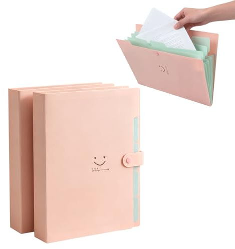 Carpeta A4 con 5 Compartimentos, Clasificador de Documentos en PP con Etiquetas, Organizador Rosa con Motivo Sonriente, Portadocumentos Expandible para Oficina, Escuela y Hogar
