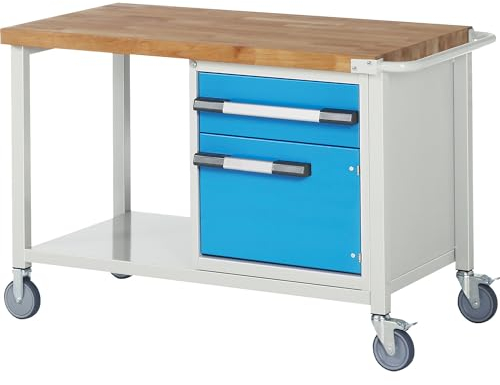 eurokraft | Fahrbare Werkbank Serie 8000 | Gestellbauweise | 1 Schublade | 1 Tür | Ablageboden | BxT 1250 x 700 mm