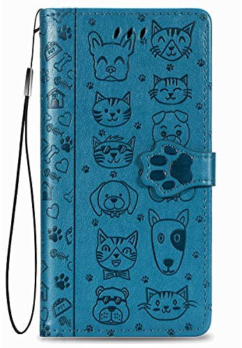 Fertuo Funda para Redmi Note 9, Carcasa Libro con Tapa de Cuero con Ranuras de Tarjeta, Soporte, Cierre Magnético [Gato Perro] Wallet Case Flip Cover para Xiaomi Redmi Note 9, Azul