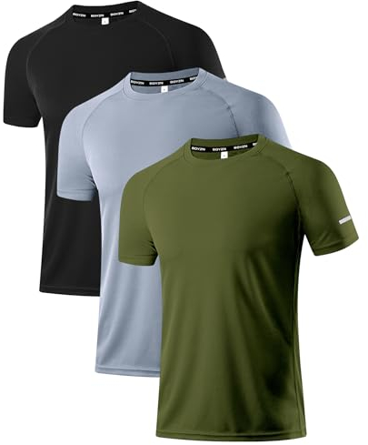 Holure Herren 3er Pack Sports Atmungsaktiv Schnelltrocknend Kurzarm T-Shirts Schwarz/Grau/Grün L