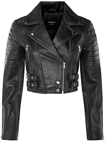 Infinity Leather Giacca Nera Corta da Donna in VERA PELLE da Motociclista Chic Gotica S