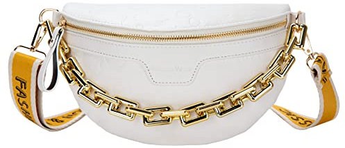Bauchtasche Brusttasche Crossbody Geldbörse für Frauen - Mode PU Leder Umhängetasche Damen Hüfttasche mit Gold Kunststoff Kettenriemen, Gürteltasche Reisetasche, Weiss/opulenter Garten, 9.4'' x 2.7''