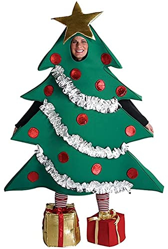 Acrawnni Erwachsenen-Weihnachtskostüm für Herren und Damen, passendes Party-Kostüm, lustiger Weihnachtsbaum, Cosplay-Kleid mit Geschenk-Form (grün, Einheitsgröße)