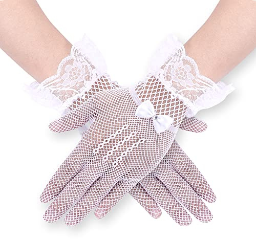 KINBOM Gants en Dentelle Courts Élégants pour Femmes avec Strass Noeud Papillon - Poignet pour Courtoisie, Été, Opéra, Soirée, Mariage, Thé, Fête, Bal, Cosplay (Blanc)