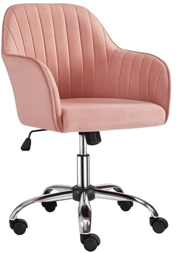 Yaheetech Sedia Scrivania Poltroncina Ufficio Ergonomica in Velluto Rosa Girevole a Rotelle Reclinabile Altezza Regolabile Imbottita Portata 136 kg