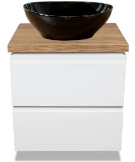 VBChome Mueble de Baño 50 cm Blanco Con Lavabo Negro 41 x 35 cm - Armario Bajo Con 2 Cajones Moduo