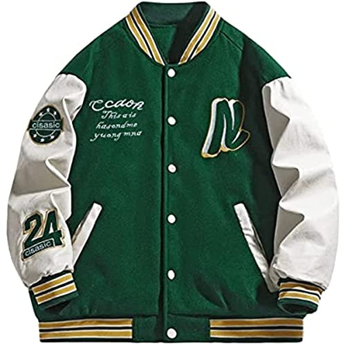 Femmes Mode Vintage Lettre Imprimer Veste de Baseball Hommes varsité Veste de Baseball à Manches Longues Lettre Broderie Y2K Bomber Veste varsité Streetwear (Vert,L)