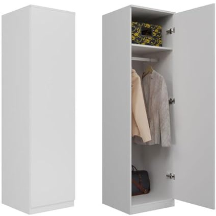WHATSIZE ENTERPRISE – SD 50 - White Single Push-open Wardrobe – Wooden Storage Cupboard with Folding & Hanging Space - Organise Clothing, & Coats - Modern Décor