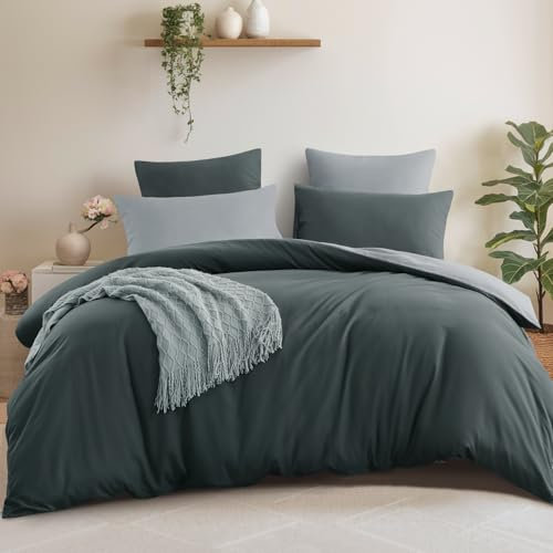 Aisbo Double Size Duvet Cover Set - 3Pcs Reversible Bedding Bed Set Dark Grey and Light Grey Double Soft Brushed Microfiber Quilt Cover with 2 Pillowcases 50x75cm