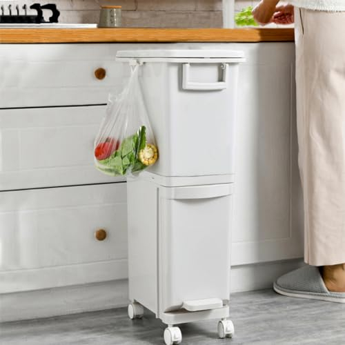 Warmiehomy Dry and Wet Separation Trash Can, Vertical Waste Separation System with Wheels, Recycling Pedal Bin for Kitchen Waste with Large Recycle Compartments, 29L Rubbish Capacity Trash Garbage Can