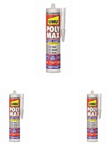 UHU Poly Max High Tack Express, Sellador y Adhesivo de Montaje Extrafuerte, Cristal,Transparente-300g (Paquete de 3)