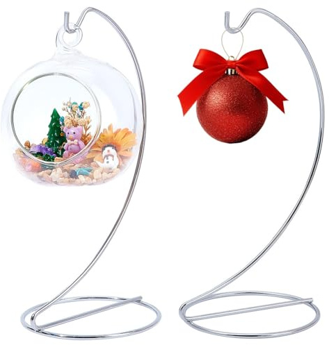 DELORIGIN 2PCS Ornament Display Stand Metal Stand Hanger Silver Iron Bauble Hooks Hanging for Glass Ball Suncatchers Air Plant Terrarium Home Office Decoration Display